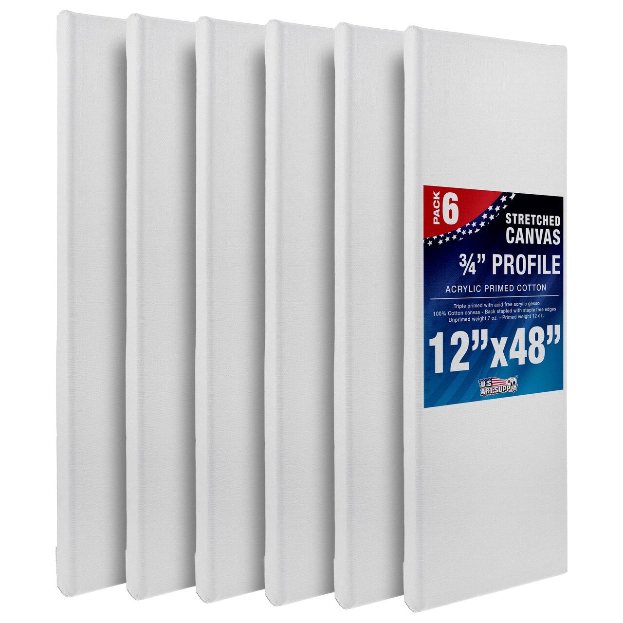 12 x 48 inch Stretched Canvas 12-Ounce Triple Primed, 6-Pack - Professional Artist Quality White Blank 3/4" Profile, 100% Cotton, Heavy-Weight Gesso